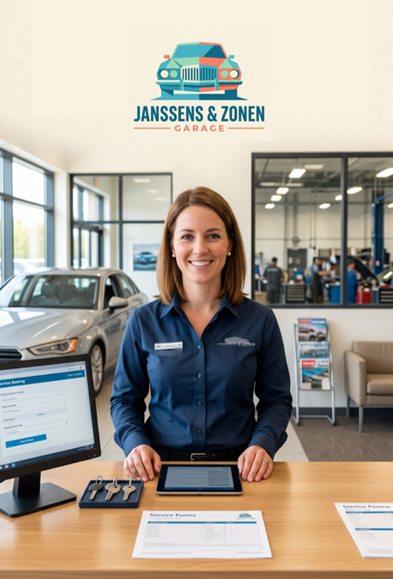 Receptioniste aan de servicebalie van Janssens & Zonen Garage